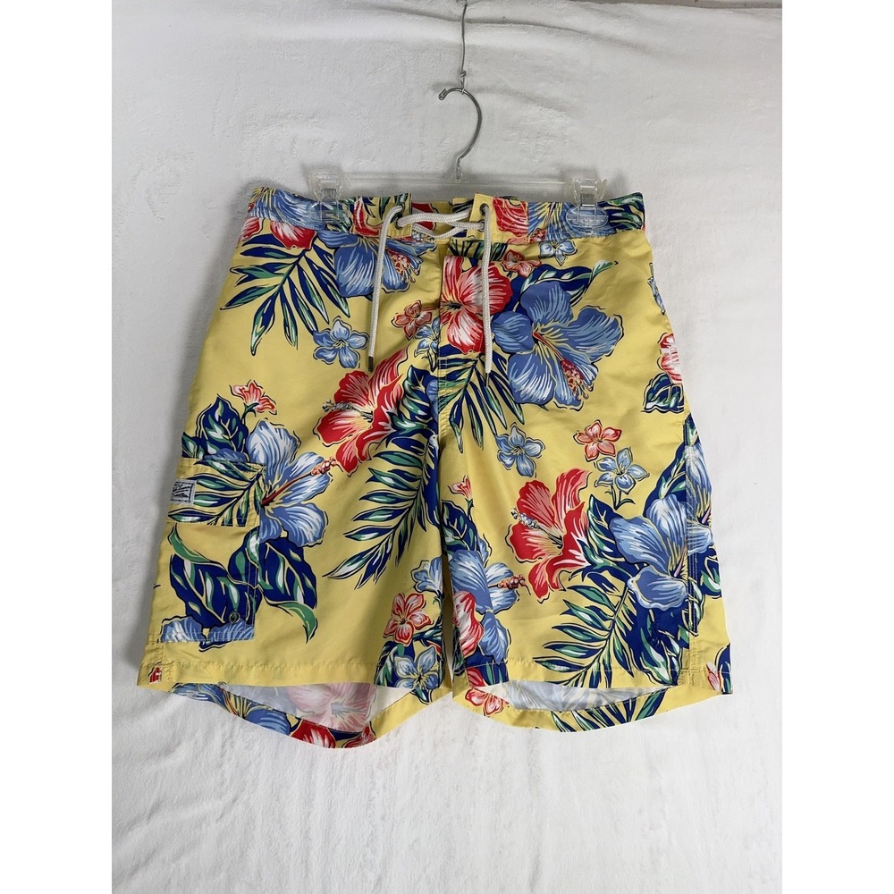 Polo Ralph Lauren Swim Trunks Mens Medium Yellow Floral Hawaiian Mesh Lined